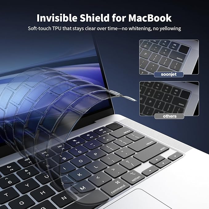 Soonjet Ultra Thin Keyboard Cover for 2025-2021 M5/M4/M3/M2/M1 Pro/Max MacBook Pro 14/16, M5-M2 MacBook Air 13/15, MacBook Neo, Premium TPU Keyboard Protector - Clear