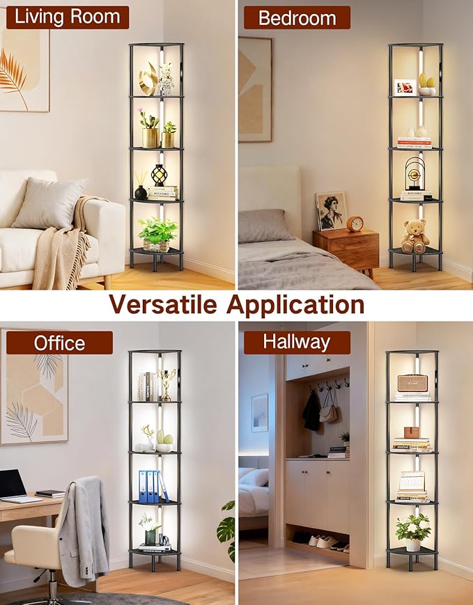 5-Tier Corner Bookshelf with LED Lights, Touch & Remote Control, 3 Color Temperatures, Dimmable Narrow Display Shelf with 1-Hour Timer for Living Room, Bedroom, Office(Black)