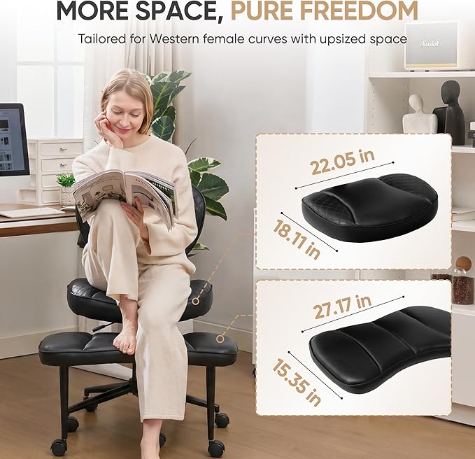 Criss Cross Office Chair with Wheels, Adjustable-Height Backrest & Swivel Footrest, Ergonomic Cross Legged Office Chair with Leg Rest for Kneeling Meditation Yoga ADHD (Black Leather)