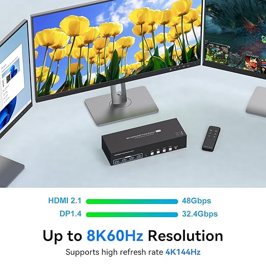 4K144Hz HDMI + 2 Displayport KVM Switch 3 Monitors 4 Computers 8K KVM Switches Triple Monitor for Four Computer Share 3 Display and Four USB 3.0 Ports Support Extended/Copy Mode with Infrared Remote