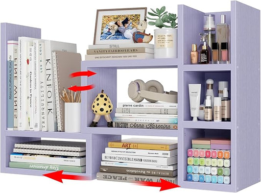 NUTIKAS Desk Shelves Desktop Organizer Shlef - Purple Office Organization for Top of Desk Organizers and Accessories Corner Bookshelf Table Top Shelving Small Hutch Decorations for Women Office