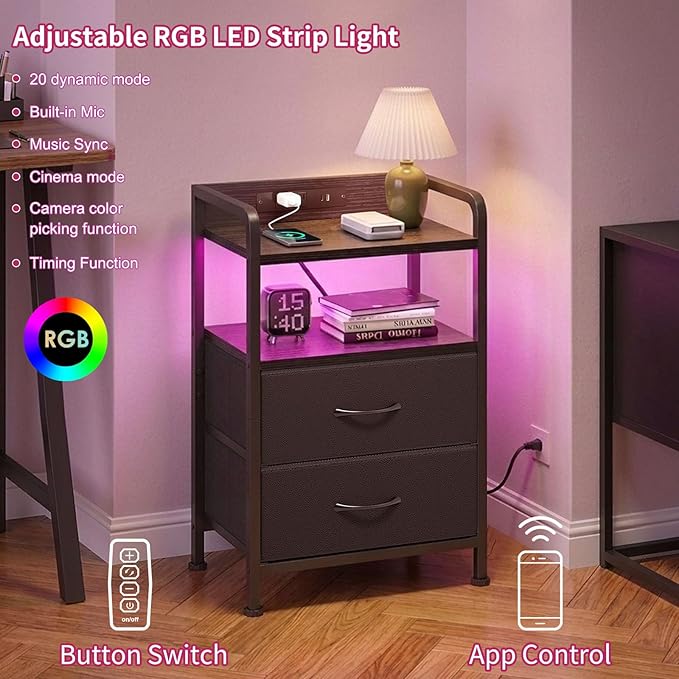 Fixwal Night Stand for Men Bedroom with 2 Fabric Storage Drawers and Shelves, Nightstand with Charging Station & LED Lights, Black