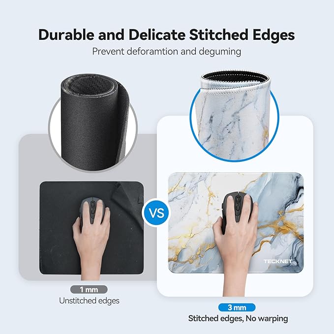 TECKNET Mouse Pad with Anti-fray Stitching, Waterproof Surface & Non-Slip Rubber Base with Stitched Edges Gaming Mouse Mat for Laptop，Compatible with Laser and Optical Mice - Grey Gold Marble