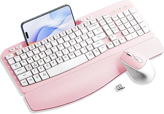 Wireless Keyboard and Mouse Combo, Wave Keys Computer Ergonomic Keyboard with Cushioned Plam Rest, Phone Holder, 2.4GHz Silent 6 Button Wireless Mouse Set for Laptop, PC, Windows, Mac (Pink)