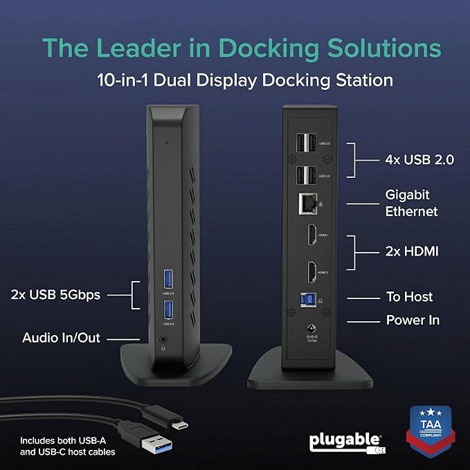 Plugable Dual 1080p HDMI Universal Docking Station for USB-C & USB 3.0 Laptop, 10 Ports, Windows/ChromeOS Plug & Play, macOS Driver Required (UD-3900Z)