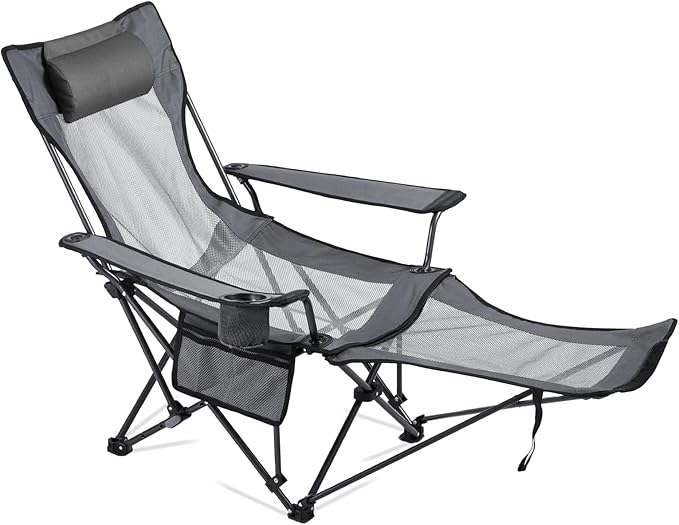 VEVOR 2-in-1 Reclining Camping Chair with Footrest for Adults, 4 Adjustable Positions, Portable Folding Lounger, Lightweight Mesh Beach Chair Supports 220lbs, Heavy Duty Camp Chairs Outdoor, Gray
