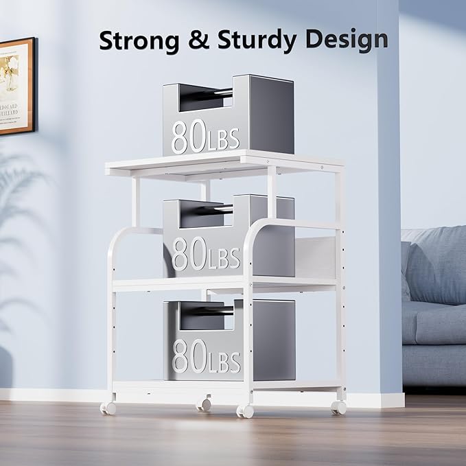 VECELO Adjustable Large Printer Stand with Power Outlet, 3-Tier Heavy Duty Cart on Lockable Wheels, Office Storage Table for Home Office, 3D Printer, Fax Machine, Scanner, Classic White