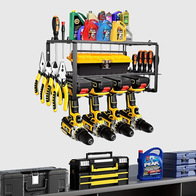 Power Tool Organizer, Small Iron Storage Rack, 3 Layer Metal Wall Mount Shelf Cordless Drill Hanger Storage Rack,Battery Tools Holder,for Garage Organization,Workshop,Pegboard 18x8.2x7.8 Inches