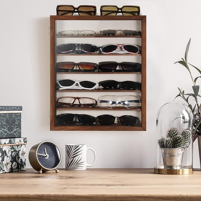 TJ.MOREE Sunglasses Organizer Storage Wall Mounted: 13 x 15.6 inches Eyewear Display Case 6 Tier Rustic Wood Eyeglasses Holder Large Glasses Storage Box, Brown
