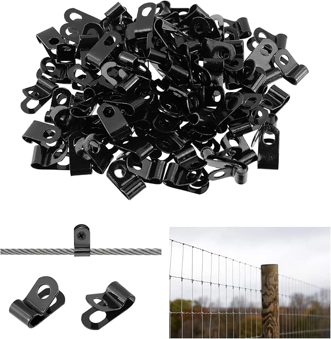 Antrader Fence Wire Clamps, 100Pcs R-Type Agricultural Fencing Mounting Clips, 5mm/0.2" Cable Management Cord Organizer with Screws to Vinyl, Wood or Metal Fence