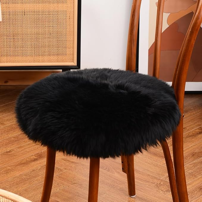 LLB Sheepskin Chair Pad Office Cushion Cover for Dining Room, Desk, Computer - Fur Area Rug for Living Room, Round 16.5" (Pack of 1), Black