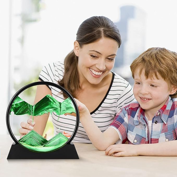 rysnwsu 3D Dynamic Sand Art Liquid Motion, Moving Sand Art Picture Round Glass 3D Deep Sea Sandscape in Motion Display Flowing Sand Painting Relaxing Desk Toys (Green, 7'')