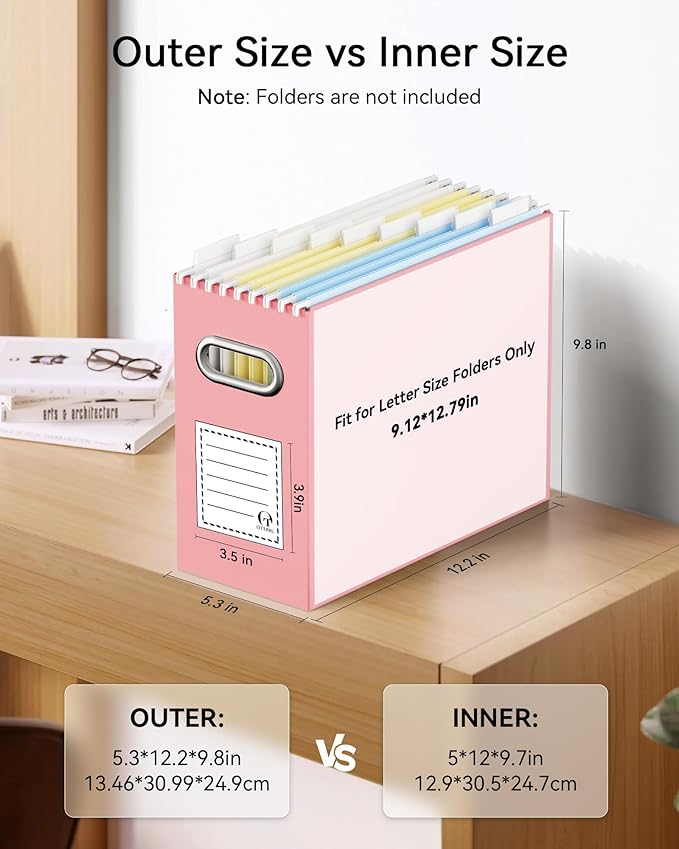 Oterri File Organizer Box, Portable Collapsible Cardboard File Folder Organizer with Handle for Letter Size Hanging Files, Document Storage Box for Home Office & Classroom (2 Packs, Pink)