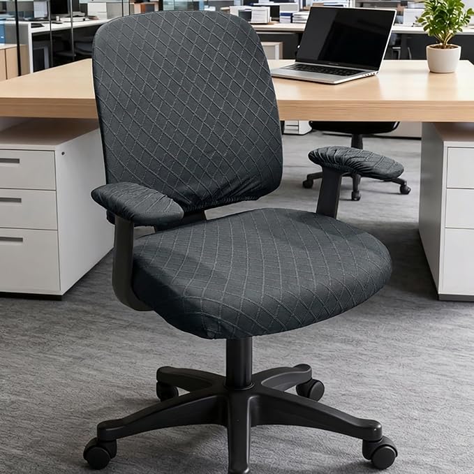 Stretch Jacquard Office Chair Cover with Armrest Covers, Removable Washable Desk Chair Cover, Anti-dust Seat Cushion Protectors -Seat + Backrest, Dark Grey