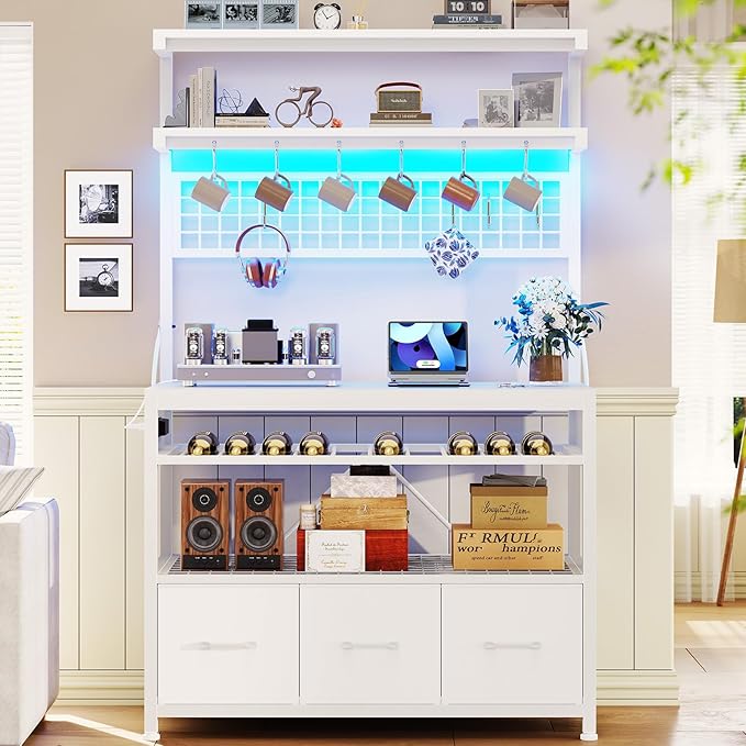 Itaar Bakers Rack with Storage and Power Outlet, 35.4 inch Coffee Bar Cabinet, Microwave Stand Kitchen Cabinet with Hutch, LED Lights, Wine Rack and Hooks (White)