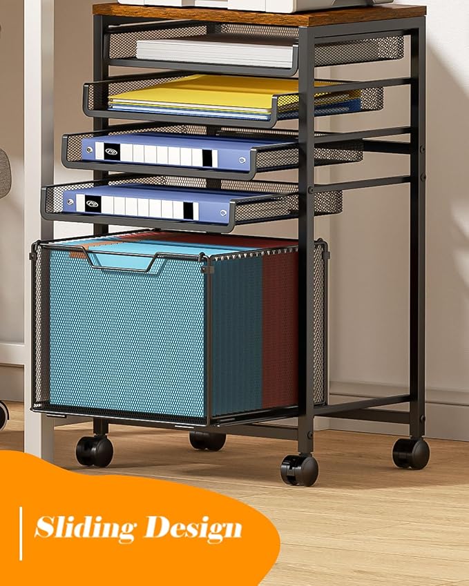 Feyejade Rolling File Cart 5-Tier, Under Desk Storage with Drawers, Filing Cabinet for Letter-Size File Storage, Sliding Metal Mesh Trays for Binder Storage, Office Storage & Organization for Teachers