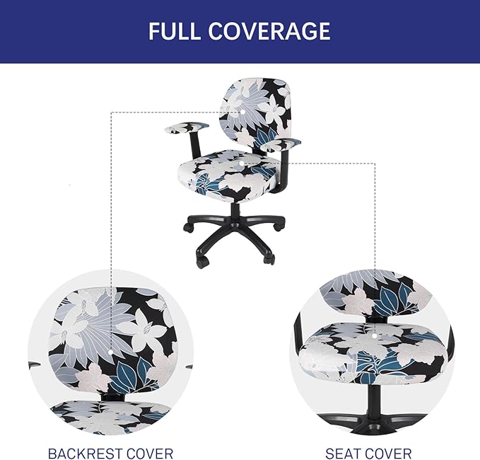 WOMACO Office Computer Chair Cover with Armrest Covers, Stretch Universal Rotating Rolling Desk Chair Slipcover, 4 PCS Stretchable Office Chair Seat Protector (Leaves and Flowers, with Armrest Covers)