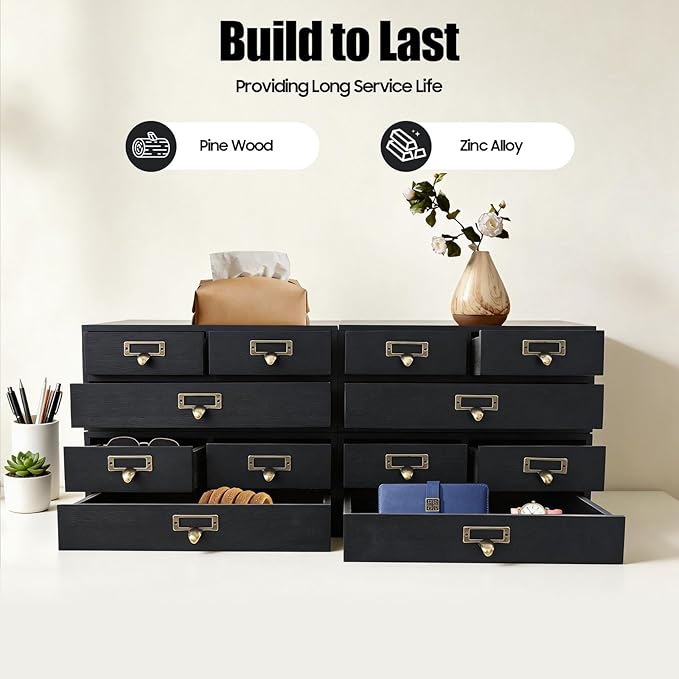 4 Packs Vintage Desktop Apothecary Cabinet with 3 Drawers, Vintage Desktop Organizer Wood Desktops Organizers Stackable Drawers Chest Drawer for Herb Storage Tea Collection Stationery (Black)