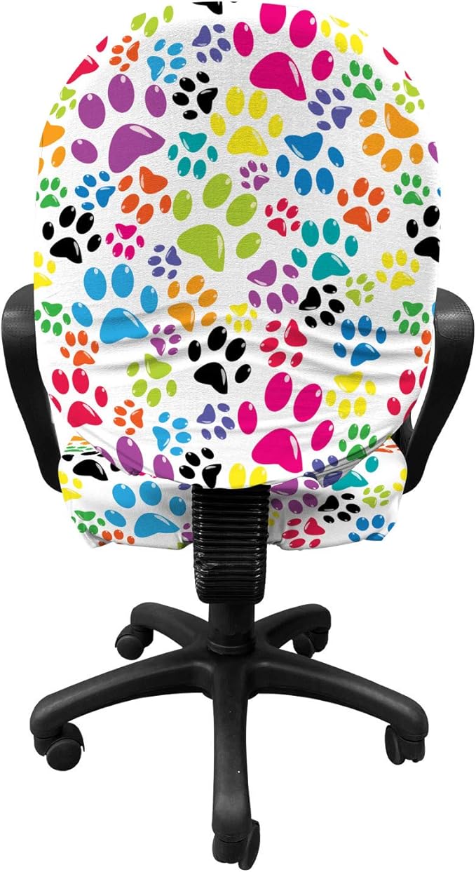 Ambesonne Dog Office Chair Slipcover, Colorful Little Paws Steps Art Cartoon Unusual Traces Design, Protective Stretch Decorative Fabric Cover, Standard Size, Purple Blue