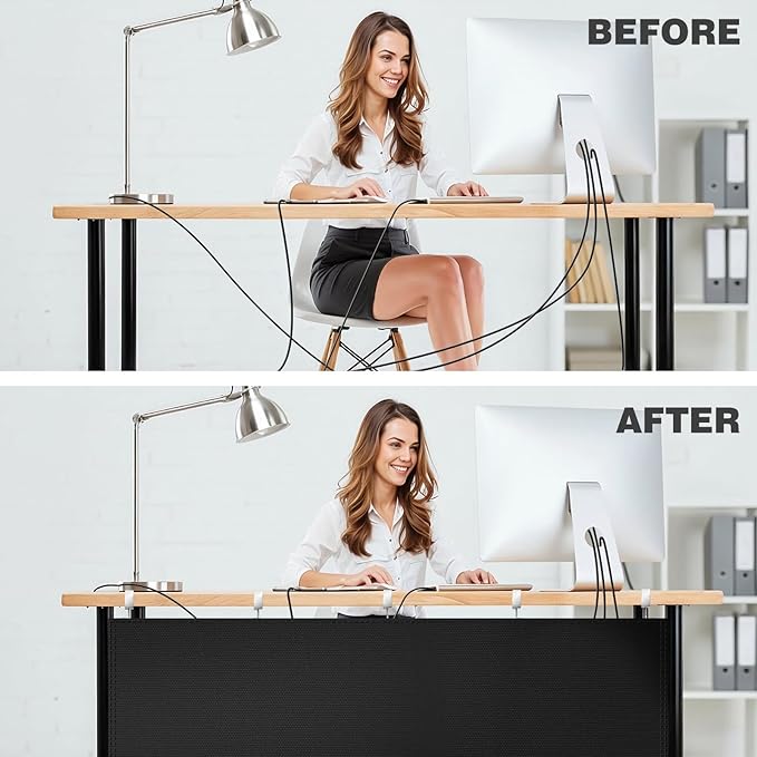 UNIFAMILY 2 in 1 No Drill Under Desk Privacy Panel with Cable Management Organizer Sleeve, 60 IN Oxford 600D Modesty Desk Panel with Cord Organizer, Desks Skirt for Home Office or Standing Workstation