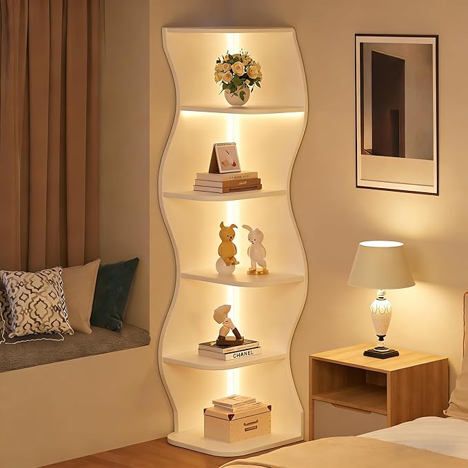 VECELO 6-Tier Wave Corner Bookcase with LED Lights, 90° Right-Angle Tall Narrow Bookshelf, Wooden Corner Display Stand Storage Shelf for Small Spaces, Living Room, Bedroom, Home Office (White)