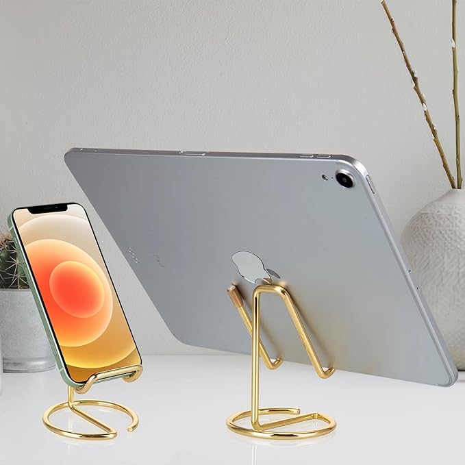 ROPOSY 2 Pack Cell Phone Stand for Desk, Cute Metal Gold Cell Phone Stand Holder Desk Accessories, Compatible with All Mobile Phones, iPhone, iPad