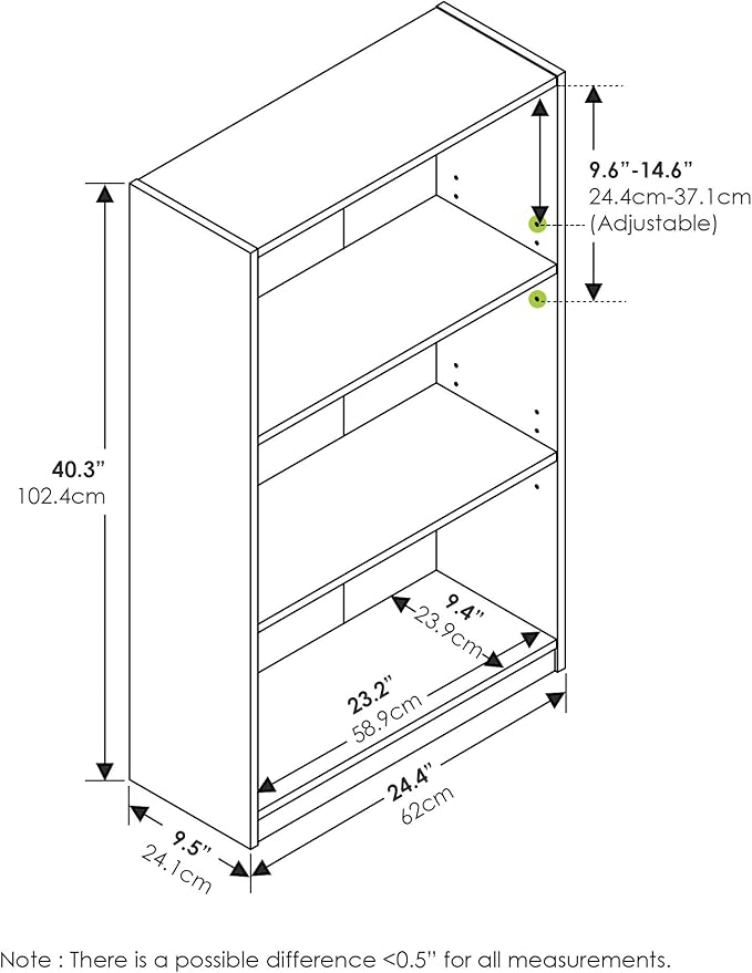 Furinno JAYA Book Shelf, 3-Tier Bookshelf, Bookcase with Adjustable Shelves, 9.5 x 24.5 x 40.3, for Organization and Storage, for Living Room, Bedroom, Home Office, Amber Pine