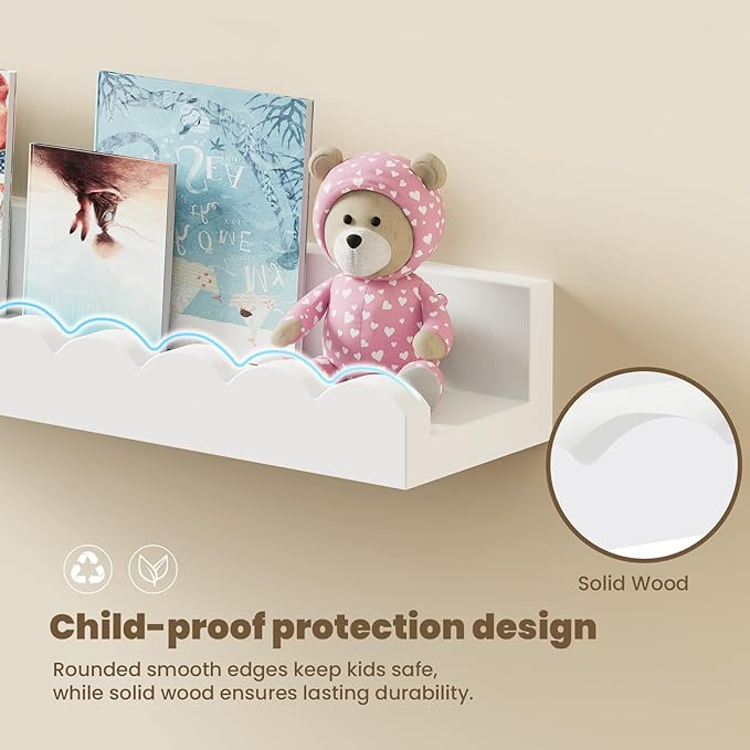 3-Pack Scalloped Shelves, Nursery Shelves for Wall, Floating Nursery Book Shelves for Kids, White