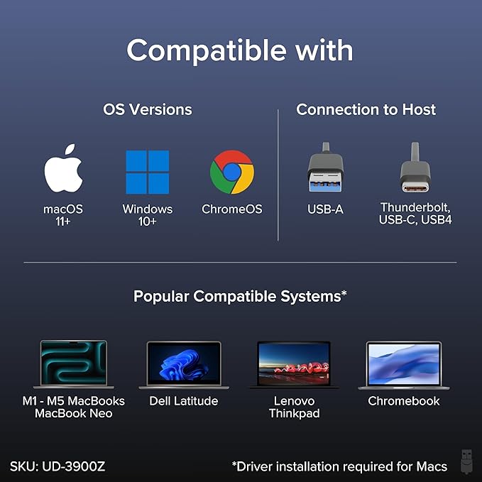 Plugable Dual 1080p HDMI Universal Docking Station for USB-C & USB 3.0 Laptop, 10 Ports, Windows/ChromeOS Plug & Play, macOS Driver Required (UD-3900Z)