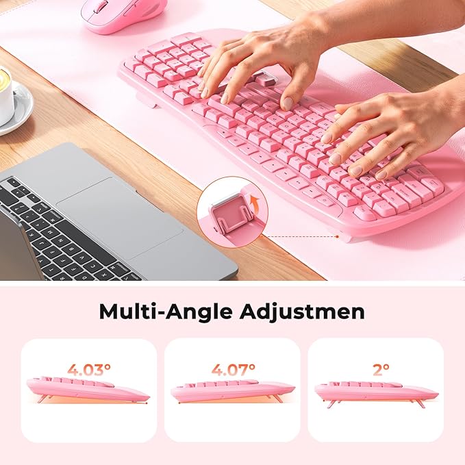 MEETION Ergonomic Keyboard and Mouse Wireless, Wave Keys Natural Typing, 2.4G Wireless Keyboard with Wrist Rest, 4 Adjustable DPIs Mouse, Computer/Laptop/Windows/Mac, Pink