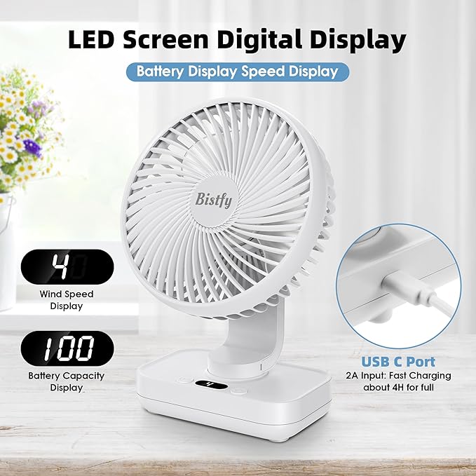 Desk Fan 5.5'' Small Fan Ultra-Silent, 120° Oscillating, 90° Adjustable Head Tilt, with Digital Display 4 Speed Portable USB Rechargeable Table Fan Ideal for Home, Bedroom, Office (White)