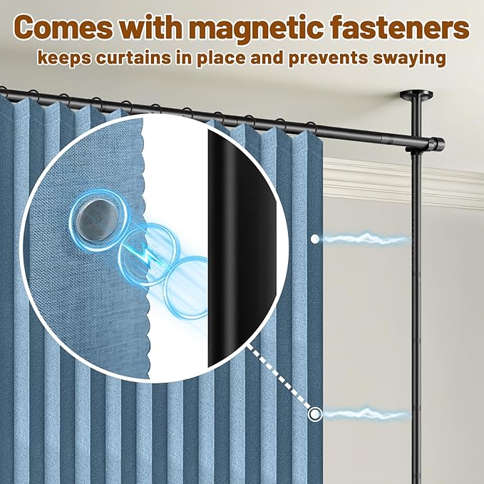AJAZZ Room Divider Curtain (Blue, W100 x L84 in, 1 Panel)+ Tension Curtain Rod No Drilling (H) 43-120×(W) 35-100 in, for Privacy/Soundproof Curtains, Heavy Duty Wall Separator
