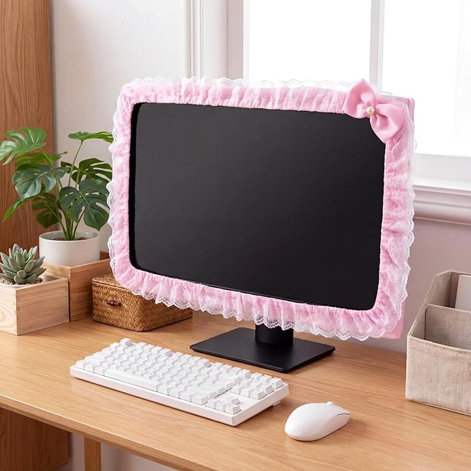 BowKnot Pink Monitor Cute Computer Monitor Cover Dust Cover Protector Lovely Computer Accessories PC Covers Elastic for 23''-26'' LCD TV PC Laptop Screen Decoration