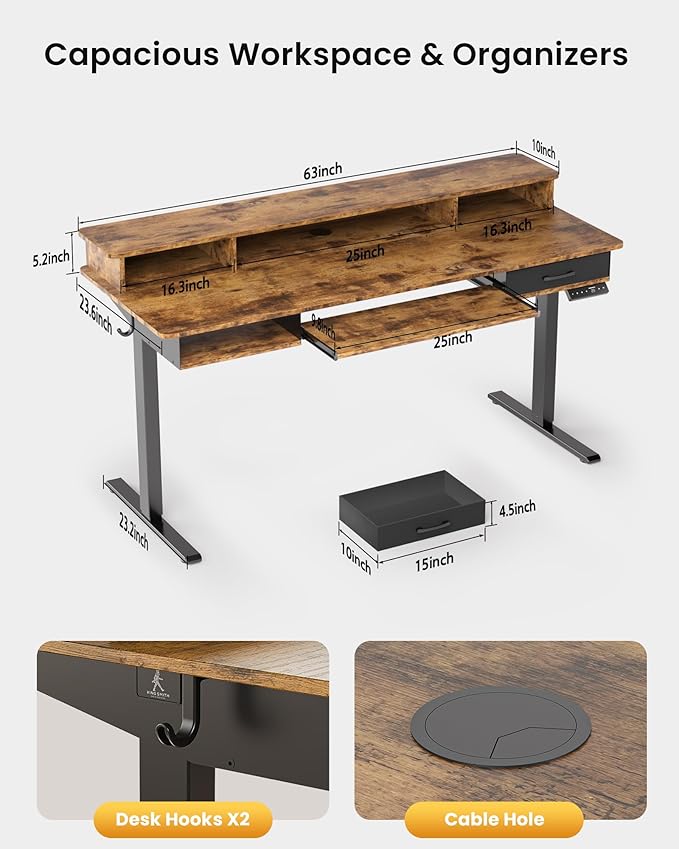 Electric Standing Desk with Keyboard Tray, 63x24 Inches Height Adjustable Stand up Desk with 2 Drawers, Ergonomic Sit to Stand Table with Storage Monitor Stand, Rustic Brown