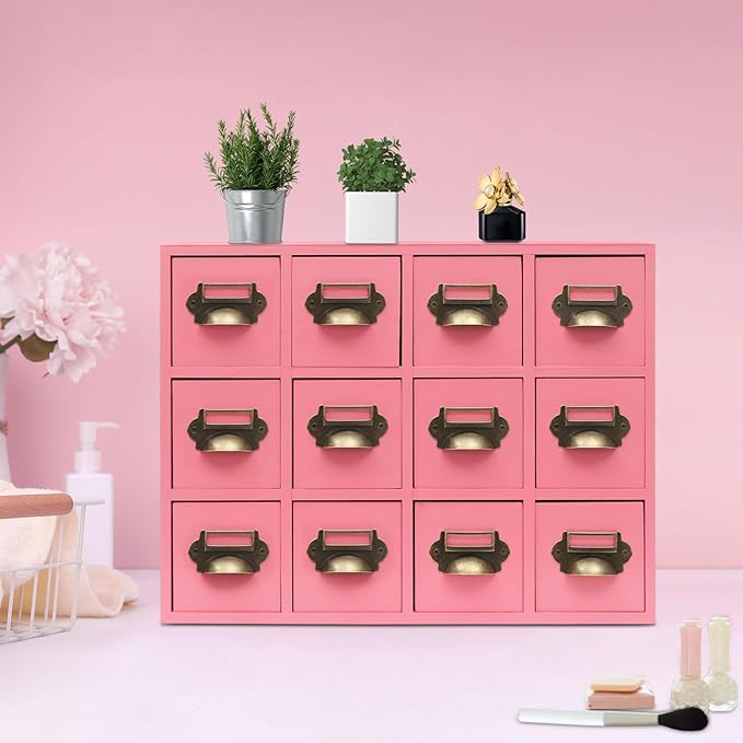 12 Drawer Drawers Storage Cabinet, Wooden Medicine Cabinet Desktop Drawer Organizer Herb Storage Box with Solid Wood Build & No Assembly for organize spices medicines jewelry cosmetics(Pink)