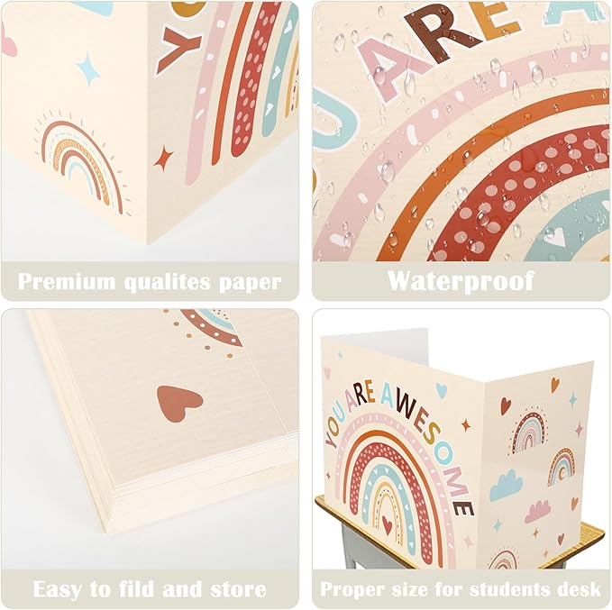 Whaline 30Pcs Privacy Boards Boho Classroom Desk Dividers Colorful Rainbow Heart You are Awesome Desk Privacy Panel Foldable Screen Partition for School Teacher Student Test Supplies