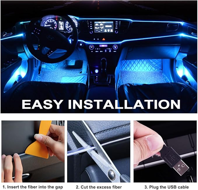 Interior Car LED Strip Lights with Wireless APP & Remote Control, RGB 2 in 1 Car Ambient Lighting Kit with 158 Inches Fiber Optic, Inside Neon Dash Strip with Music Mode