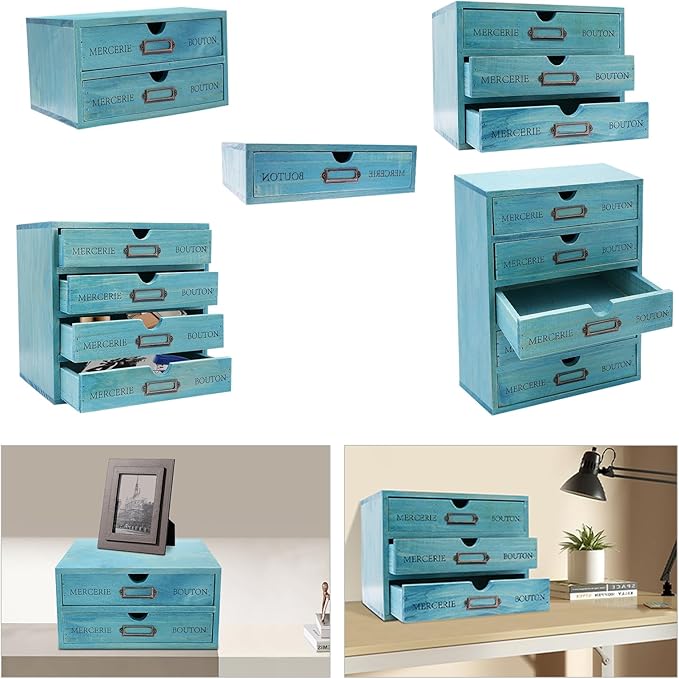 15-Drawer Wooden Desk Organizer Storage Box with Label Holders Vintage Wood Desktop Organizer, Desk Drawer Unit Collectors Box for Living Rooms, Bedrooms, Offices (Blue, 5PCS 15 Drawers)