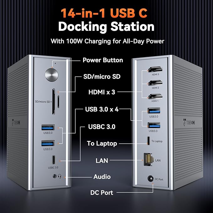 TobenONE DisplayLink Docking Station 3 Monitors, 14-in-1 Triple Monitor Dock for M1-M5 MacBook/Mac mini, Windows, Chrome (3HDMI, 120W Power Supply, 5 USB, Home Office & Professional Workspace)