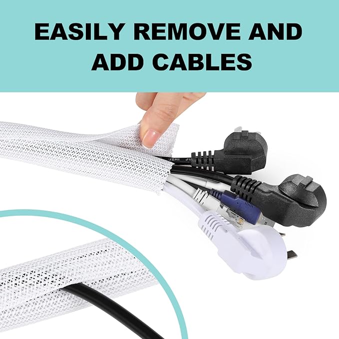 AGPTEK Cable Sleeve, 25ft - 4/5 inch Cable Management Desk Cord Cover Organizer Wire Hider for Home Office Computer TV Wire Loom Tubing Pet Proof Cord Protector from Cat Dog Chewing, White