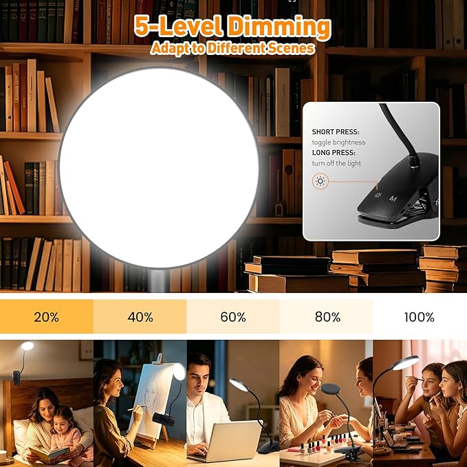 Cordless Clip on Desk Lamp with Clamp, 30 Lighting Modes (6 Colors x 5 Dimming Levels) Eye-Protect 450 Lumen, 360° Flexible Gooseneck & Foldable, Clip on Light for Bed Headboard / Puzzle,Black 2 Pcs