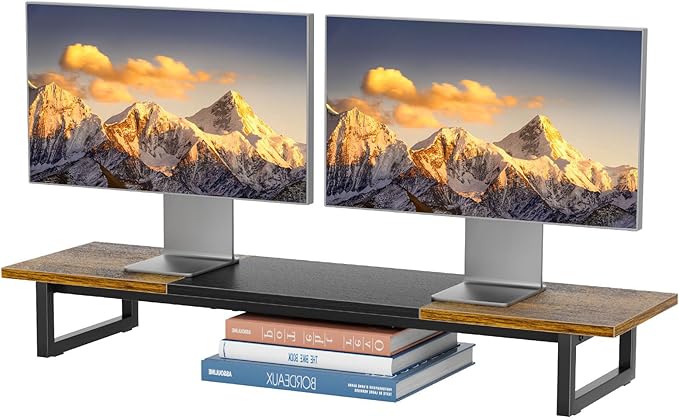 Simple Trending 38 Inch Dual Monitor Stand Riser, Wood and Steel Desktop Organizer for Home Office, Wood and Blck