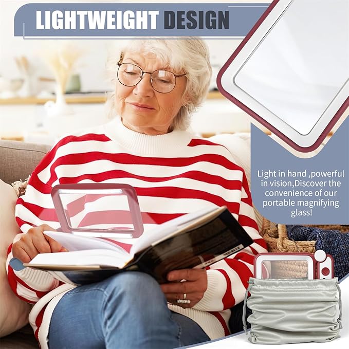 Magnifying Glass for Reading, Rechargeable 5X Large Page Magnifier with Light, Folding Handheld Dimmable Rectangle Lighted Magnifier for Reading Book Small Print for Seniors Low Vision, Red White