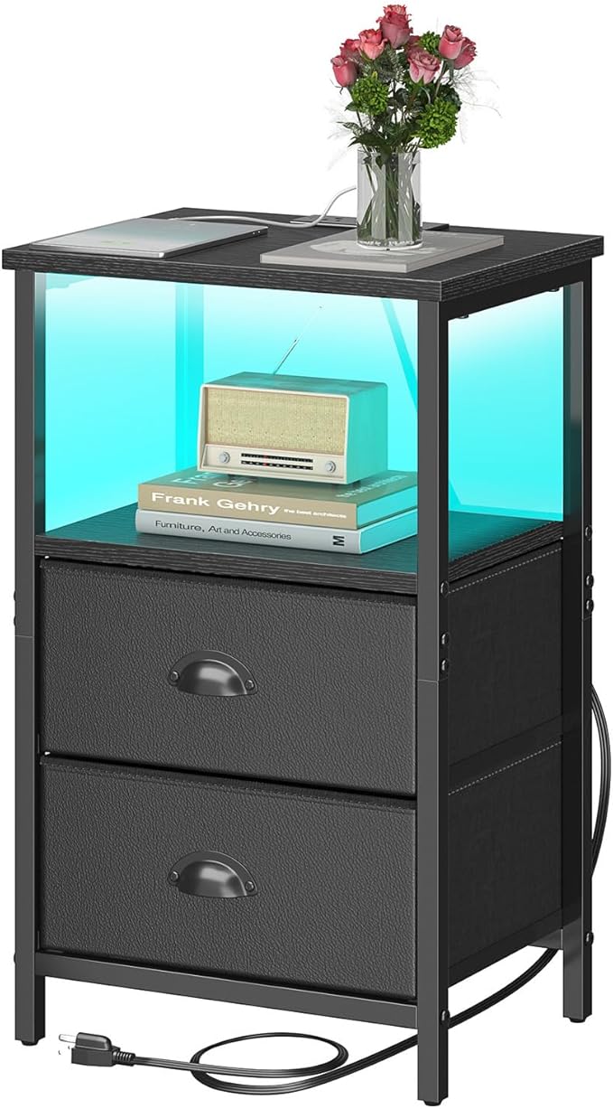 sthmec Nightstand with Charging Station, Night Stand with 2 Fabric Drawers PU Finish, Bedside Table End Table with LED Light, 3-Tier Storage Side Table Nightstand with Drawers for Bedroom,Black