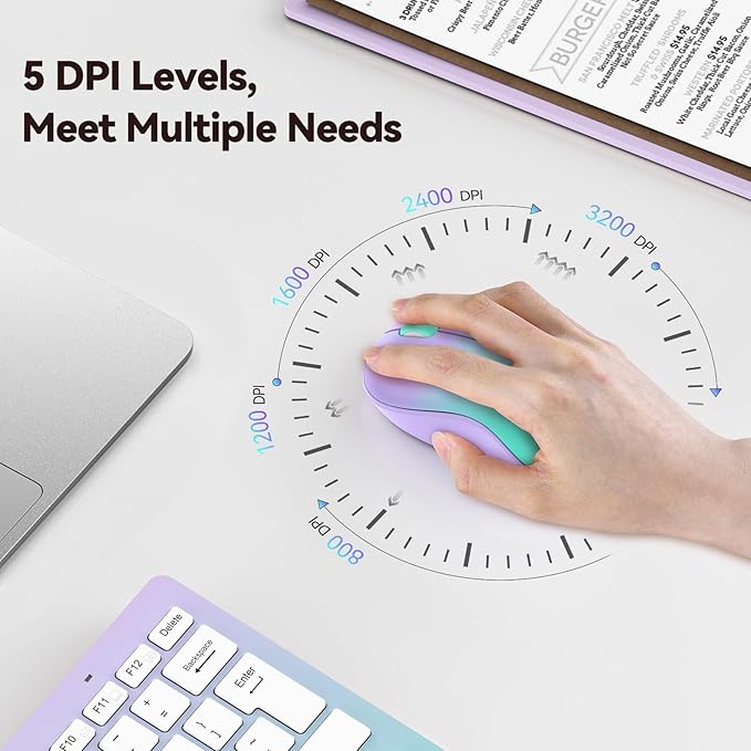 TECKNET Wireless Mouse for Laptop, 2.4G Silent Computer Mouse Quiet Click with 5 DPI Levels,Contoured Grip,Small Portable 30 Months Battery Cordless Mice for PC, Chromebook, Mac - Purple Green
