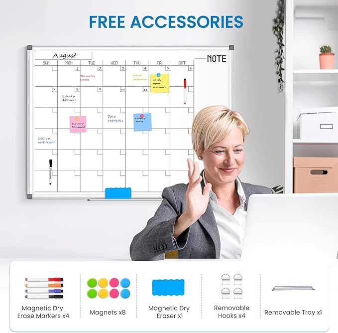 WALGLASS Dry Erase Calendar Whiteboard, 48" x 36" Monthly Large Dry Erase Calendar for Wall, Double-Sided Hanging White Board with Silver Aluminum Frame for Home, School, Office, Kitchen