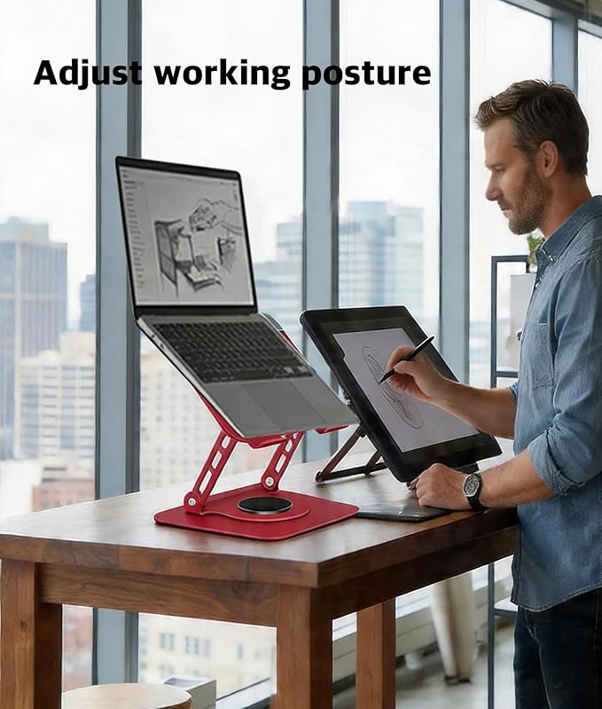 3-Year Red Swivel Laptop Stand-360° Rotating,Ergonomic Adjustable Metal Design,Fits10-16 Laptop Stand,Ideal for Desk Office & Travel,Foldable&Portable,Mechanical Style,Perfect for Everyone