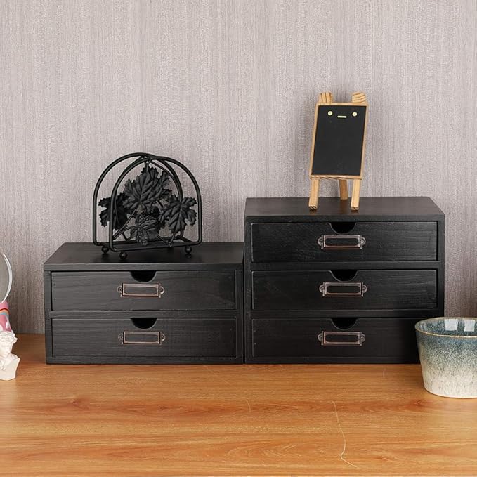 Wooden Storage Box Rustic Desktop Organizer with 2 Drawers Office Desk Accessories Shelf Small Craft Storage Containers Apothecary Cabinet and Chest Jewelry Holder for women(BLACK)