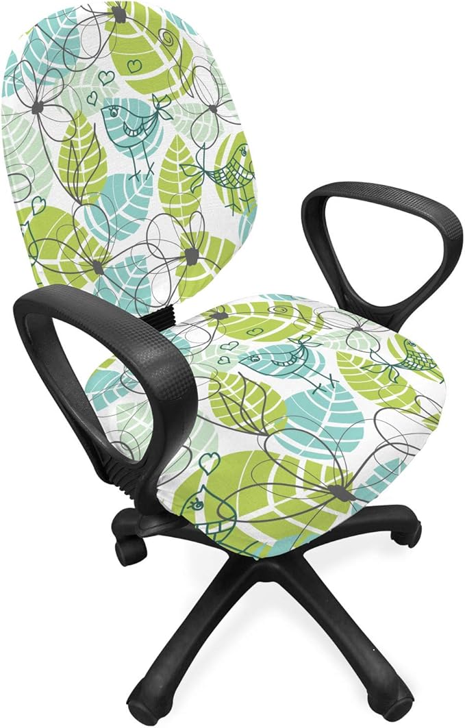 Ambesonne Leaves Office Chair Slipcover, Doodle Birds and Flowers with Foliage Hearts Ornamental Print, Protective Stretch Decorative Fabric Cover, Standard Size, Charcoal Dimgrey