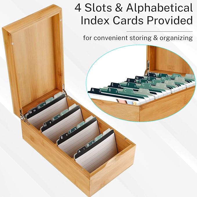 MaxGear Index Card Holder, 3 x 5 Inch Business Card Organizer for Desk with 3 Dividers, Bamboo Index Cards Box with A-Z Tabs Holds 600 Cards for Recipe Flash Storage